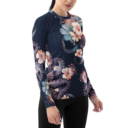 Aloha Octopus: Women's Rash Guard in Night Dive Navy