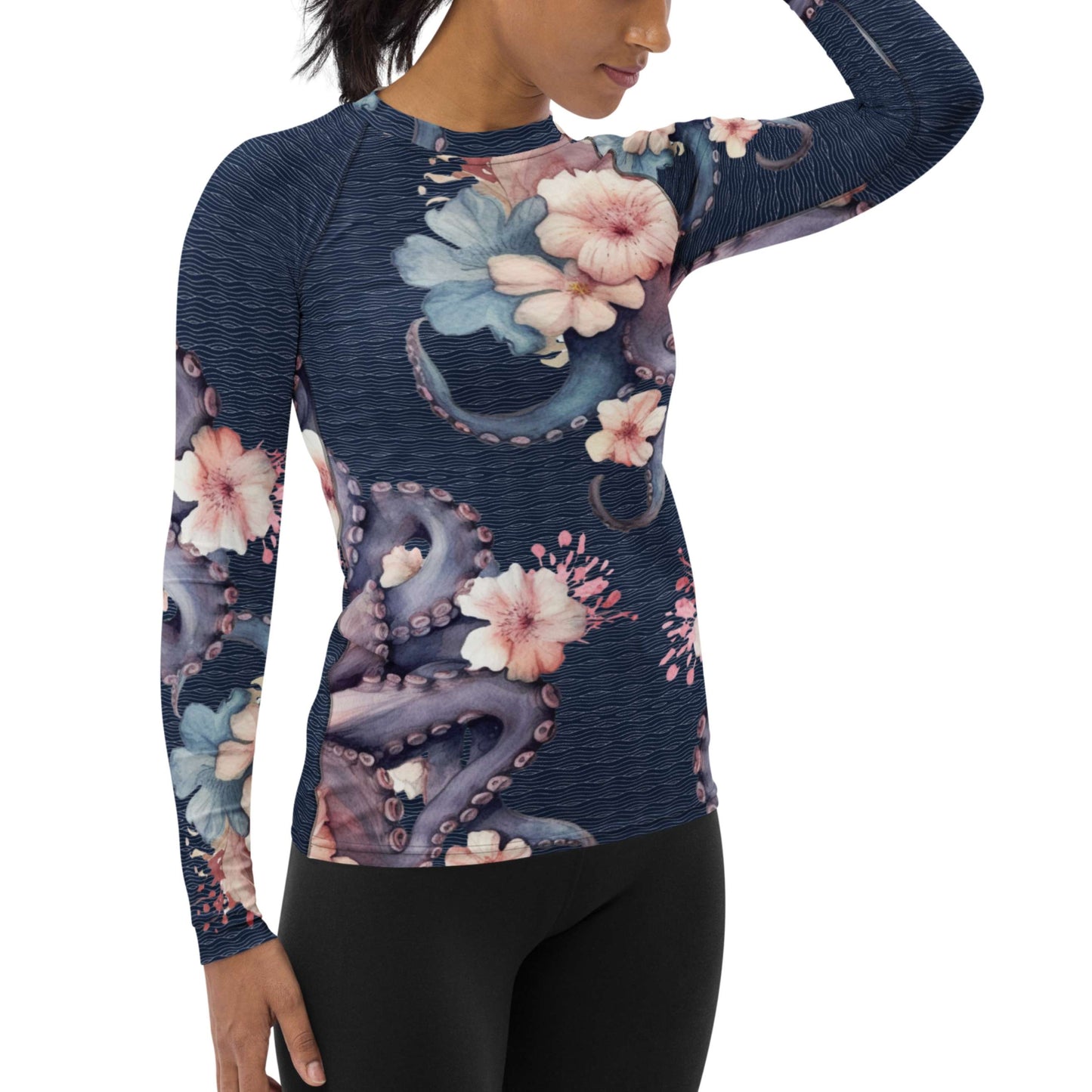 Aloha Octopus: Women's Rash Guard in Night Dive Navy