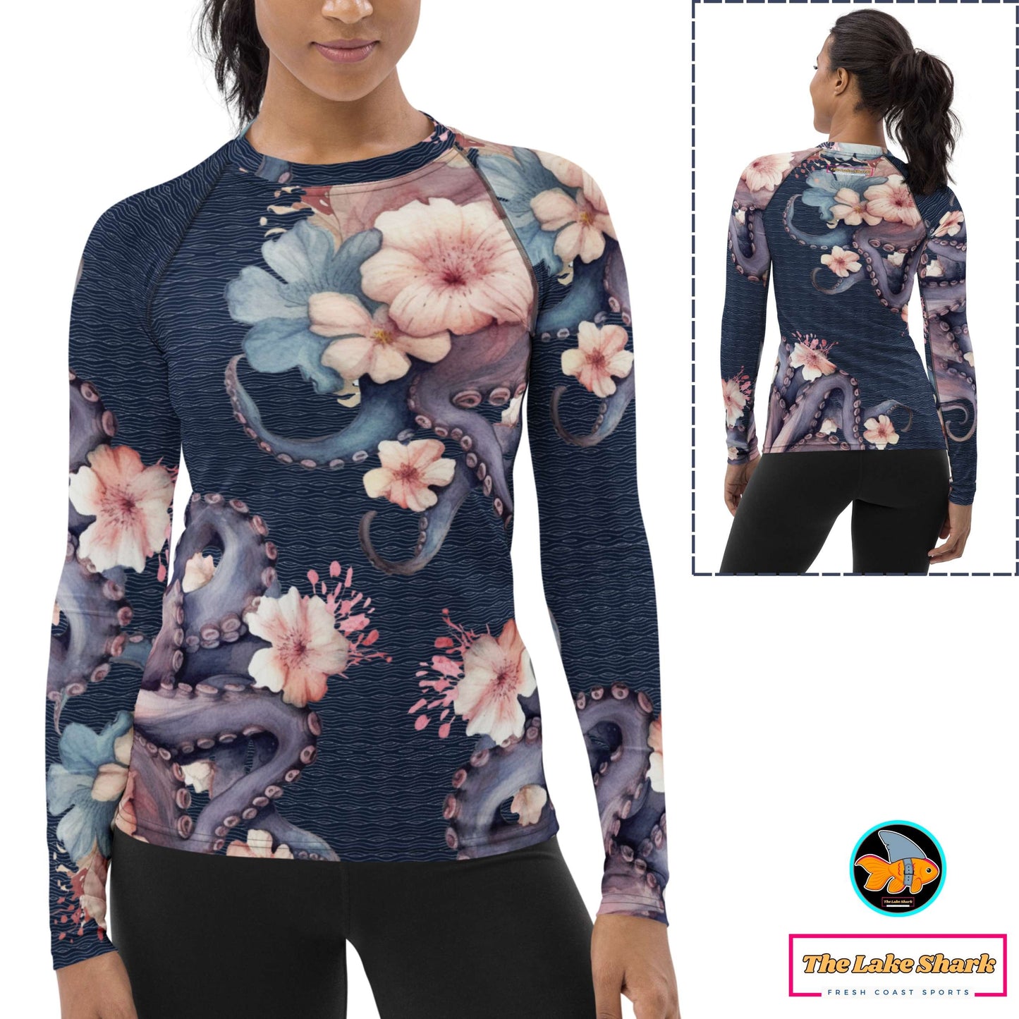 Aloha Octopus: Women's Rash Guard in Night Dive Navy