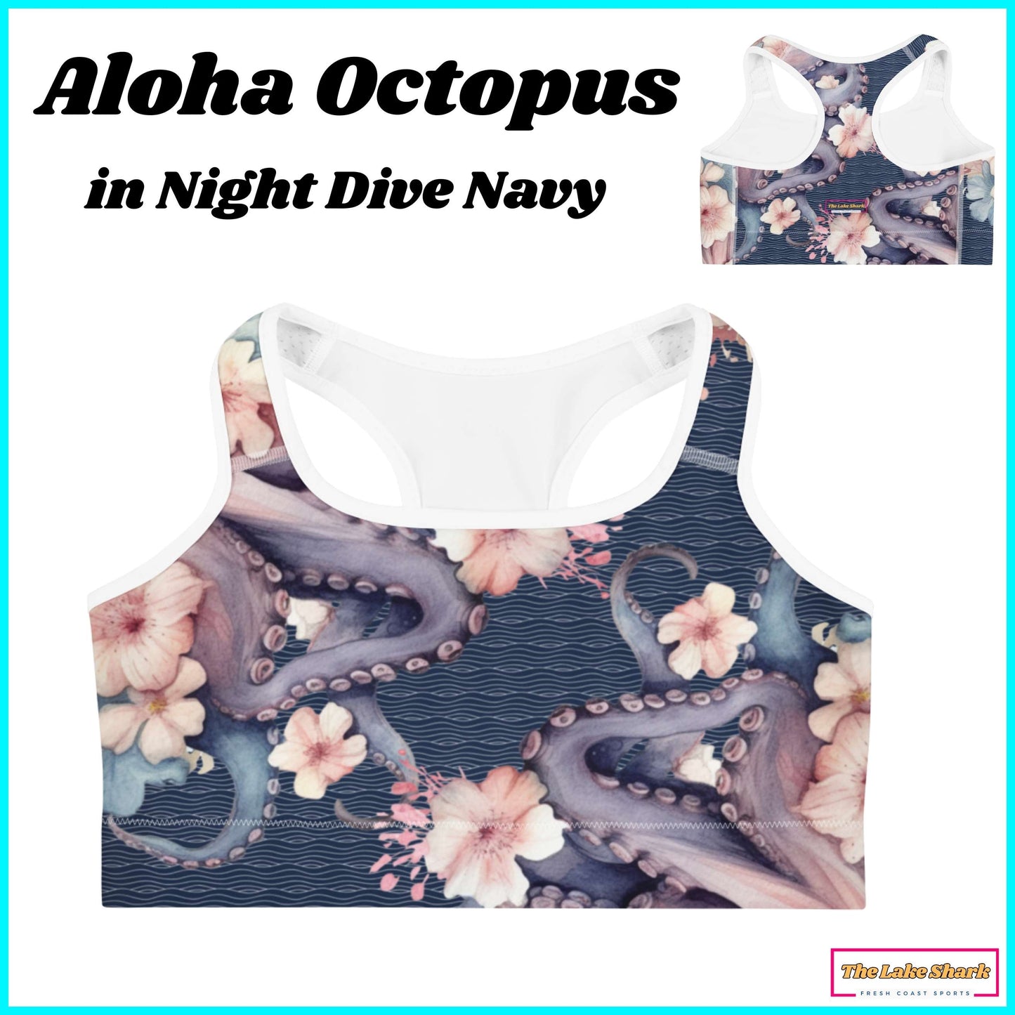 Aloha Octopus: Racerback Swim Bra in Night Dive Navy
