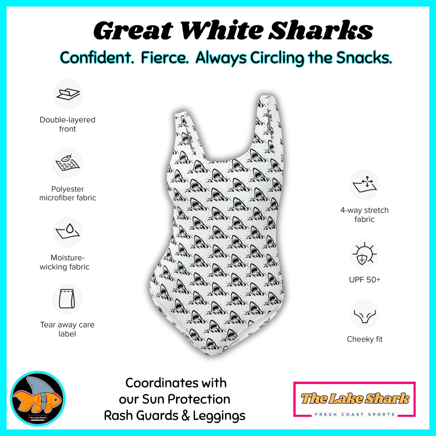 Great White Sharks Swimsuit Women's One-Piece Cheeky for Scuba Diving SUP Snorkel Sun Protection Made in the USA Plus-Sizes XS S M L XL 2XL 3XL