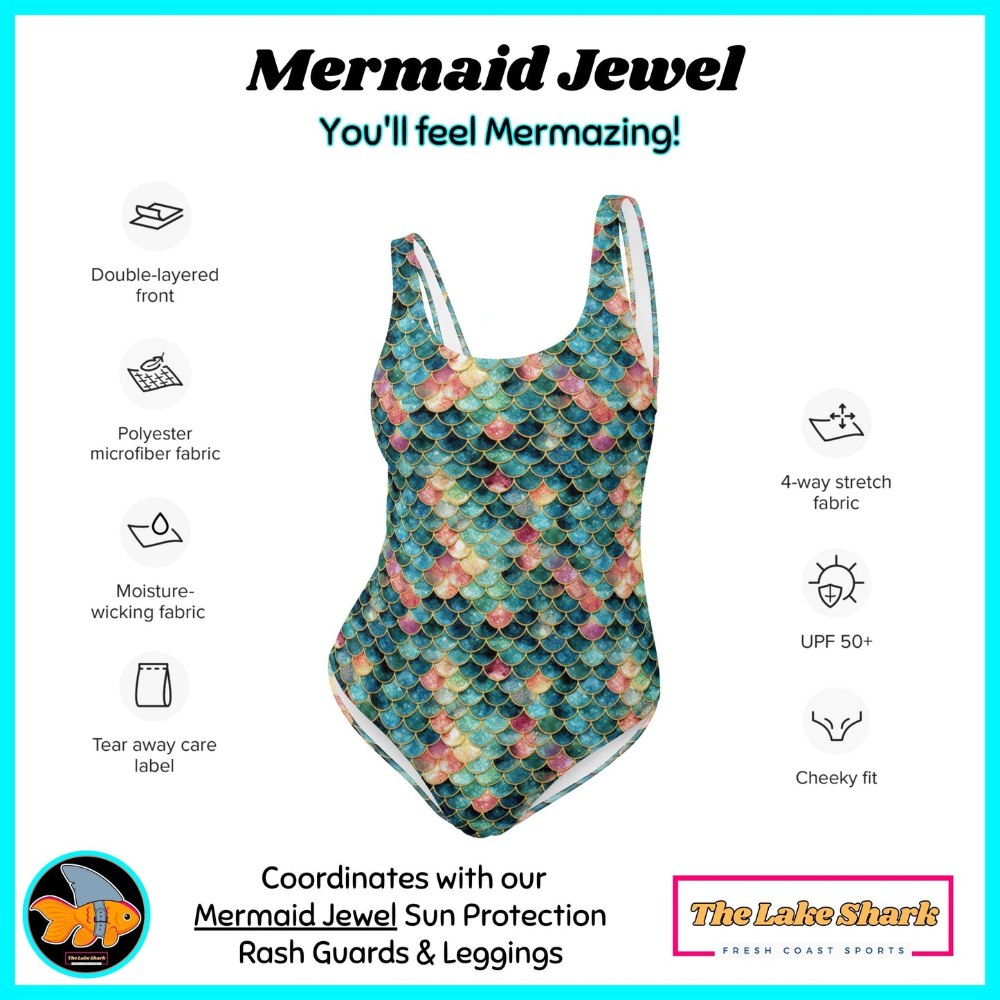 Mermaid Swimsuit Women's One-Piece Cheeky for Scuba Diving SUP Snorkel Sun Protection Made in the USA Plus-Sizes XS S M L XL 2XL 3XL