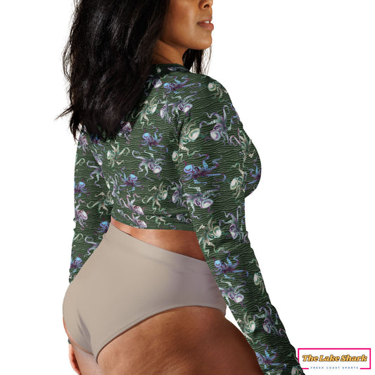 Octopus Scuba Diving SUP Crop-Top Rash Guard for Women size XXS XS S M L XL 2XL 3XL 4XL 5XL 6XL Plus-Size Designer Made in the USA