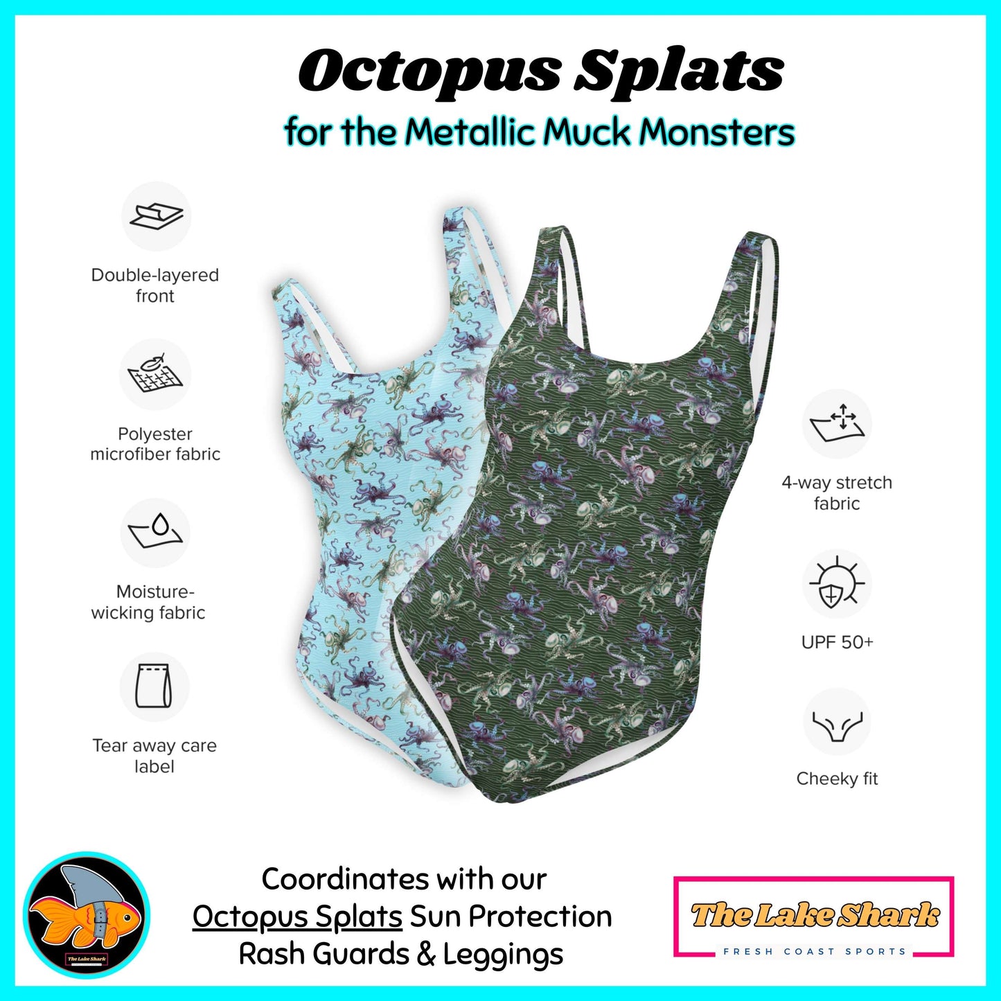 Octopus Swimsuit Women's One-Piece Cheeky for Scuba Diving SUP Snorkel Sun Protection Made in the USA Plus-Sizes XS S M L XL 2XL 3XL
