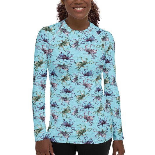 Octopus Splats: Women's Rash Guard Top in Blue Chill