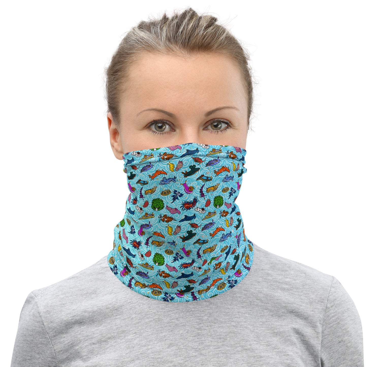 Nudibranch Sea Slugs Graphic Design Gaiter Buff for Scuba Diving Hair Sun Protection SUP by The Lake Shark in Tropical Sea Blue