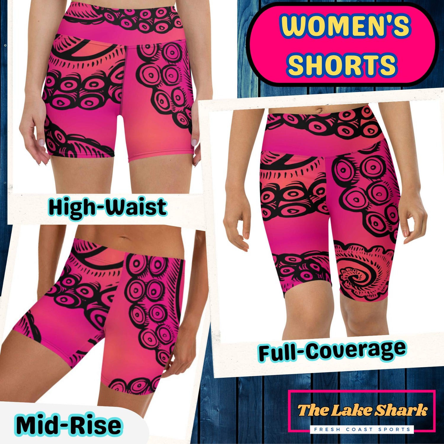 The Lake Shark dive swim shorts in Full Coverage knee long bike shorts and high waist or mid-rise