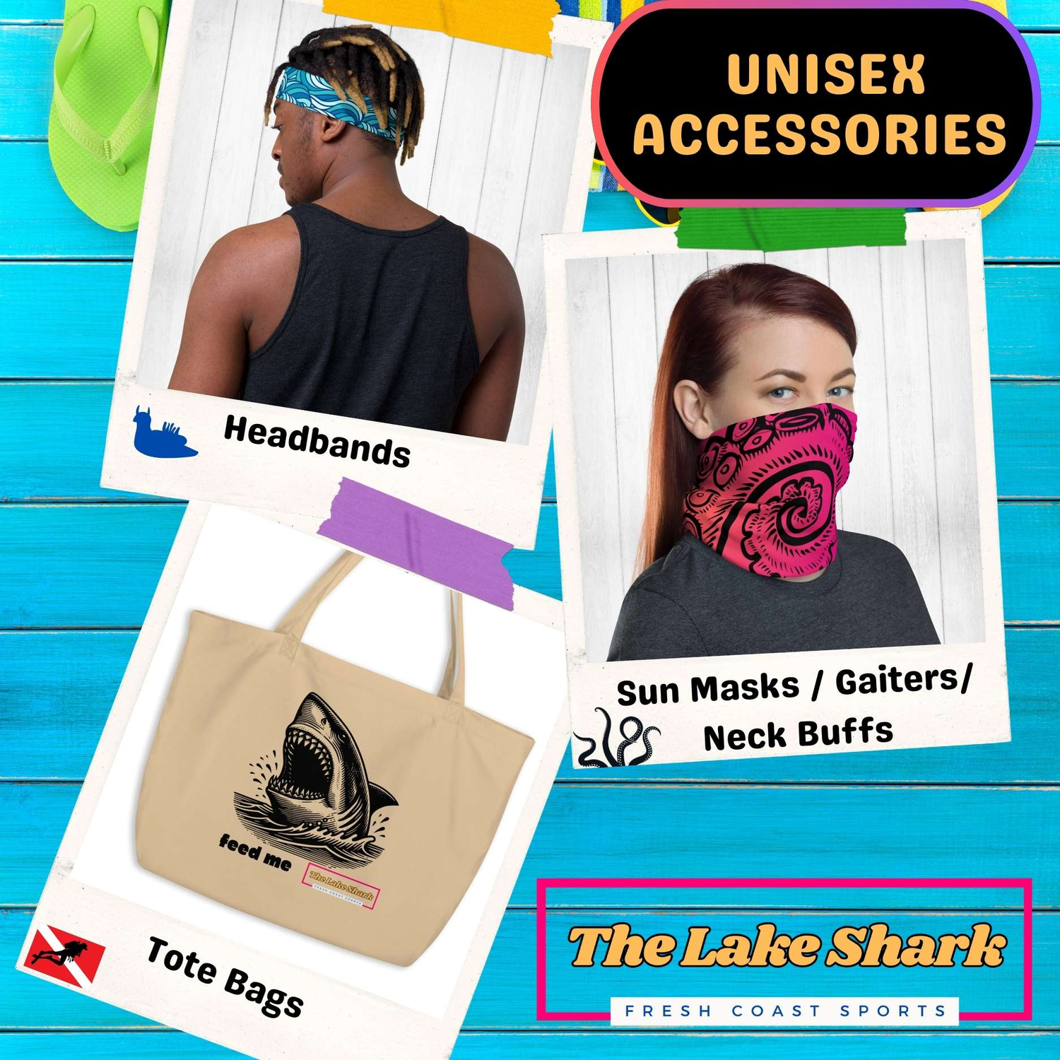 The Lake Shark unisex accessories for scuba hair Headbands sun Protection gaiter buff masks and Tote Bags for scuba or SUP or surfing gifts