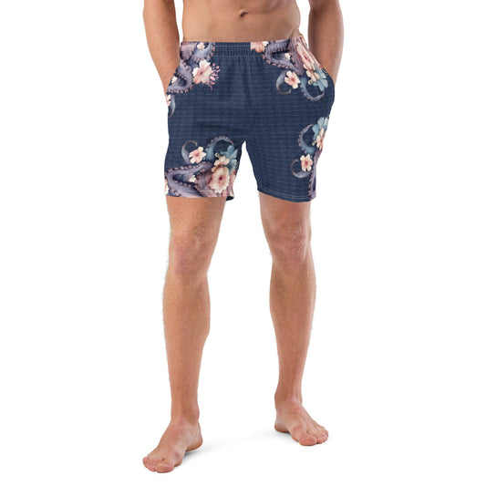 Aloha Octopus: Men's Swim Trunks in Navy Blue