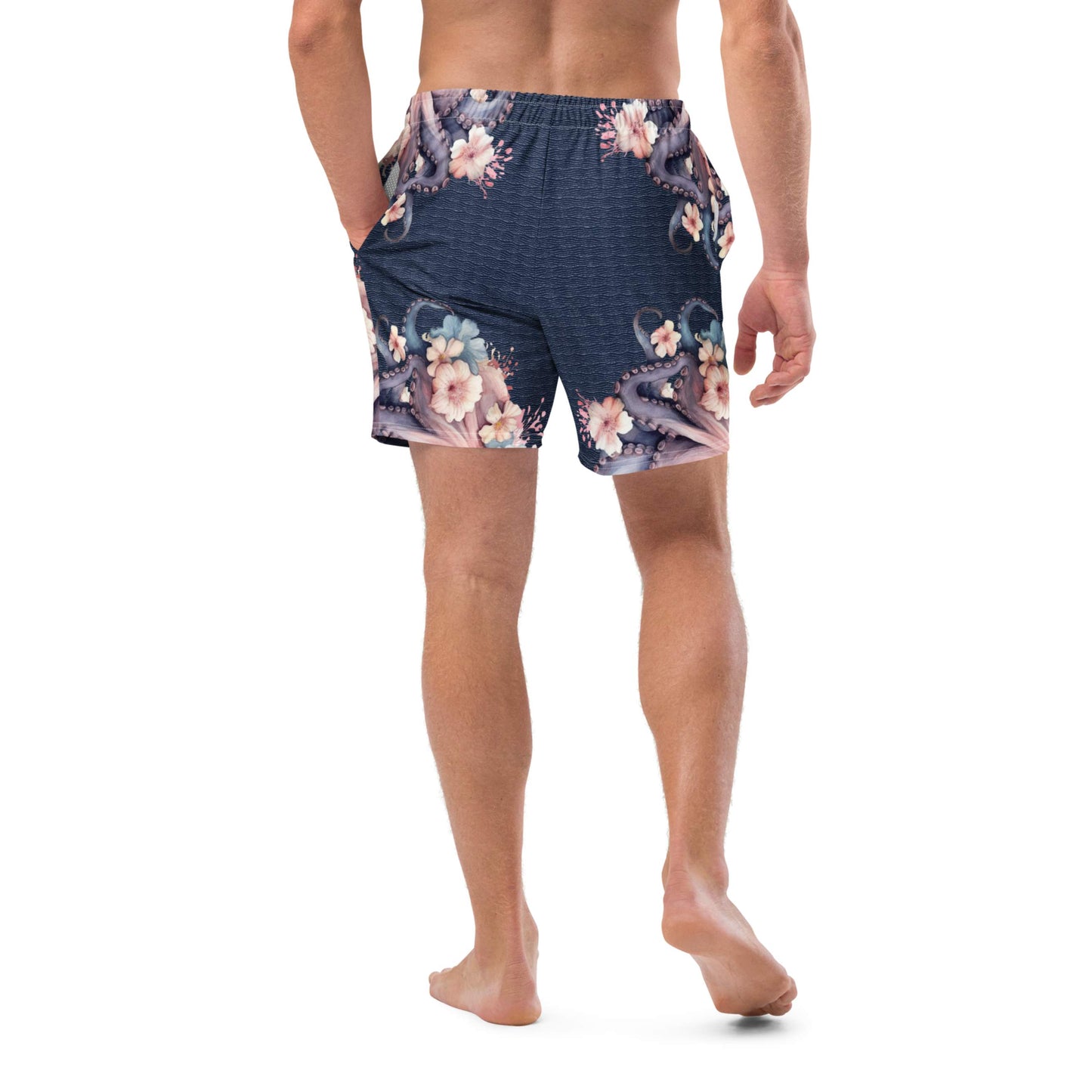 Aloha Octopus: Men's Swim Trunks in Navy Blue