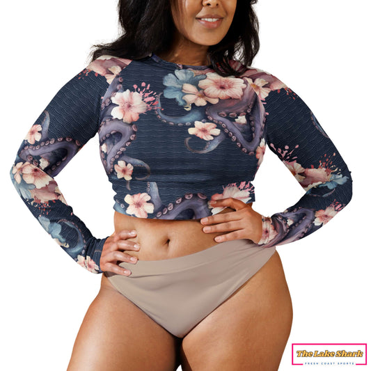 Aloha Octopus: Crop-Top Rashguard in Night Dive Navy