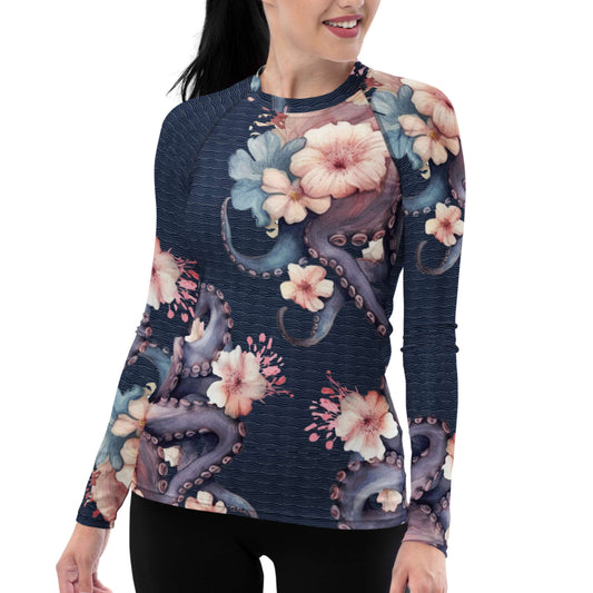 Aloha Octopus: Women's Rash Guard in Night Dive Navy