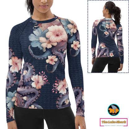 Aloha Octopus: Women's Rash Guard in Night Dive Navy