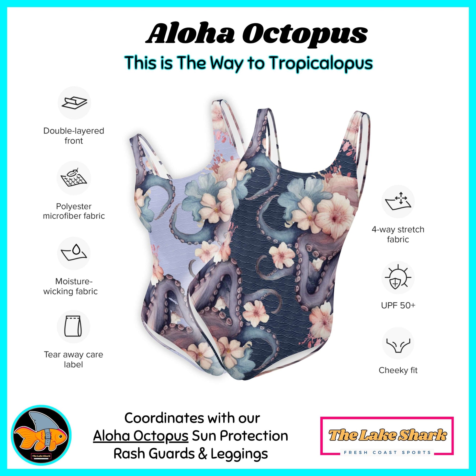 Octopus Swimsuit Women's One-Piece Cheeky for Scuba Diving SUP Snorkel Sun Protection Made in the USA Plus-Sizes XS S M L XL 2XL 3XL