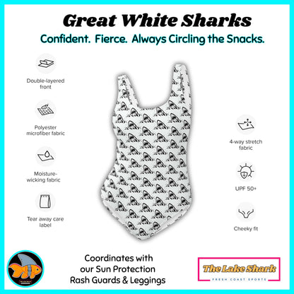 Great White Sharks Swimsuit Women's One-Piece Cheeky for Scuba Diving SUP Snorkel Sun Protection Made in the USA Plus-Sizes XS S M L XL 2XL 3XL