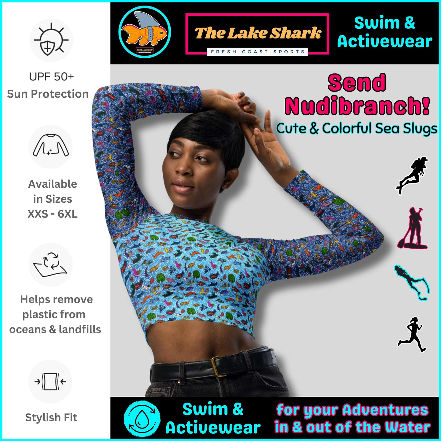 Nudibranch Sea Slugs: Crop-Top Rashguard in Blue Seas