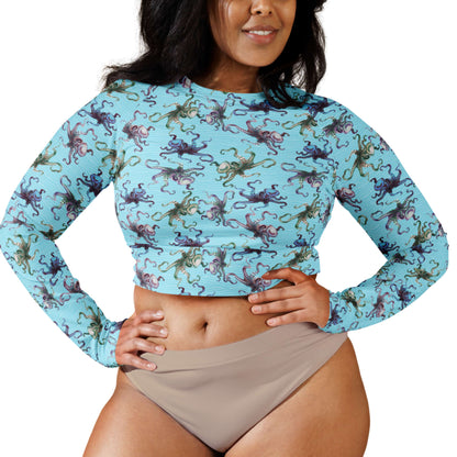 Octopus Splats: Crop-Top Rashguard in Blue Chill