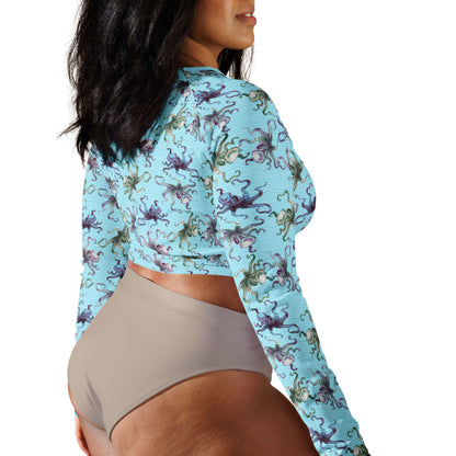 Octopus Splats: Crop-Top Rashguard in Blue Chill
