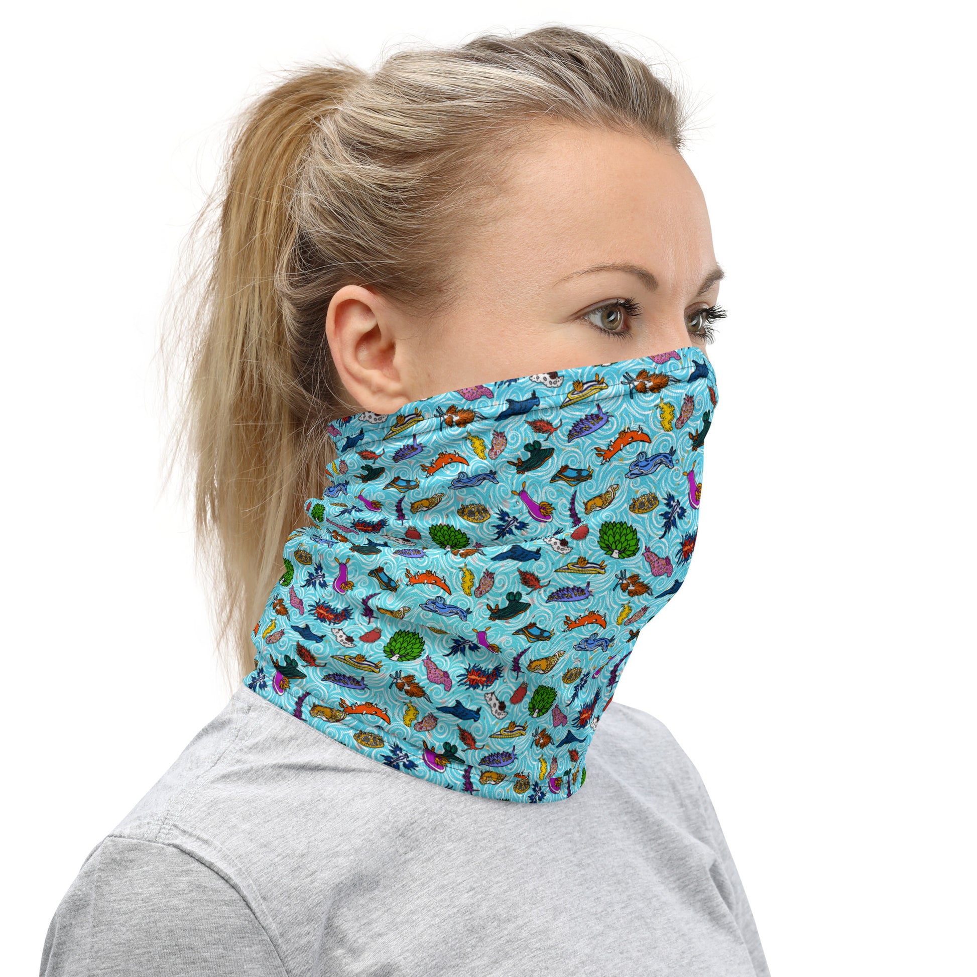 Nudibranch Sea Slugs Graphic Design Gaiter Buff for Scuba Diving Hair Sun Protection SUP by The Lake Shark in Tropical Sea Blue